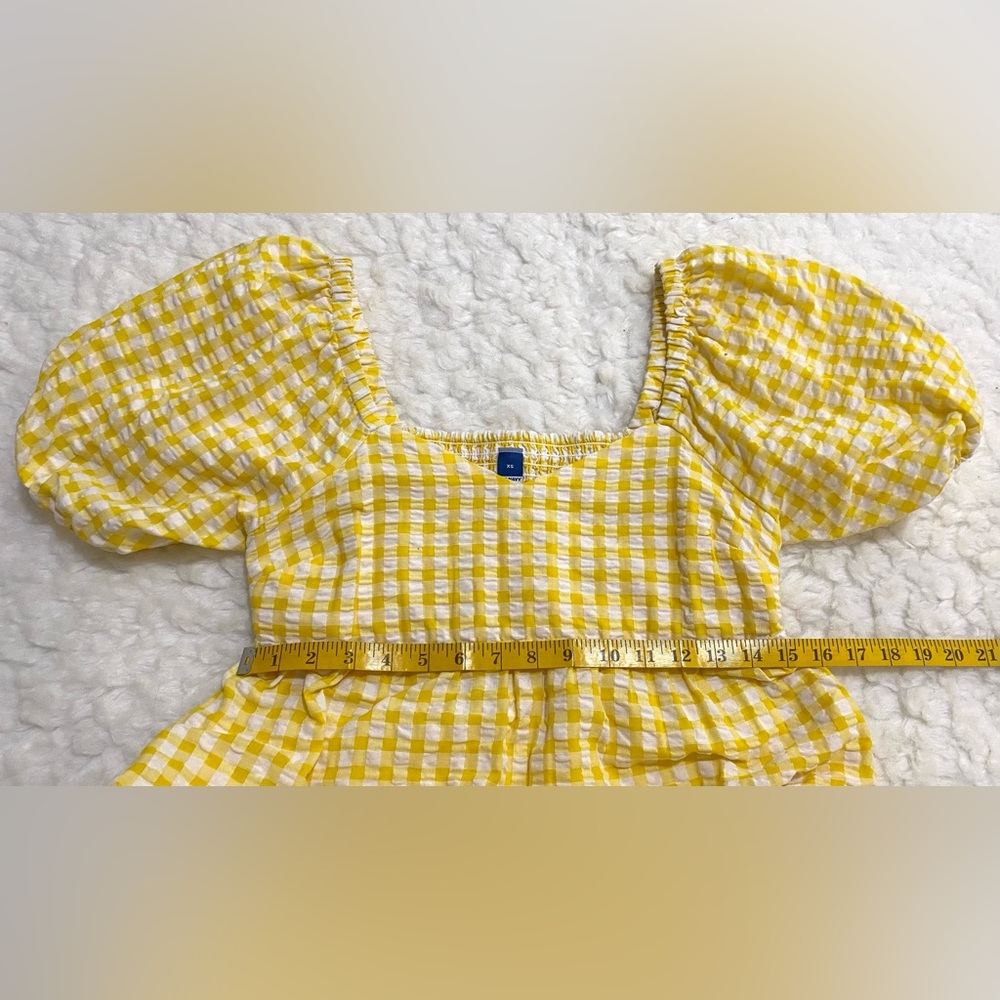 Old Navy Womens XS Yellow White Gingham Check Puff Sleeve Babydoll Dress Preppy - Picture 8 of 12
